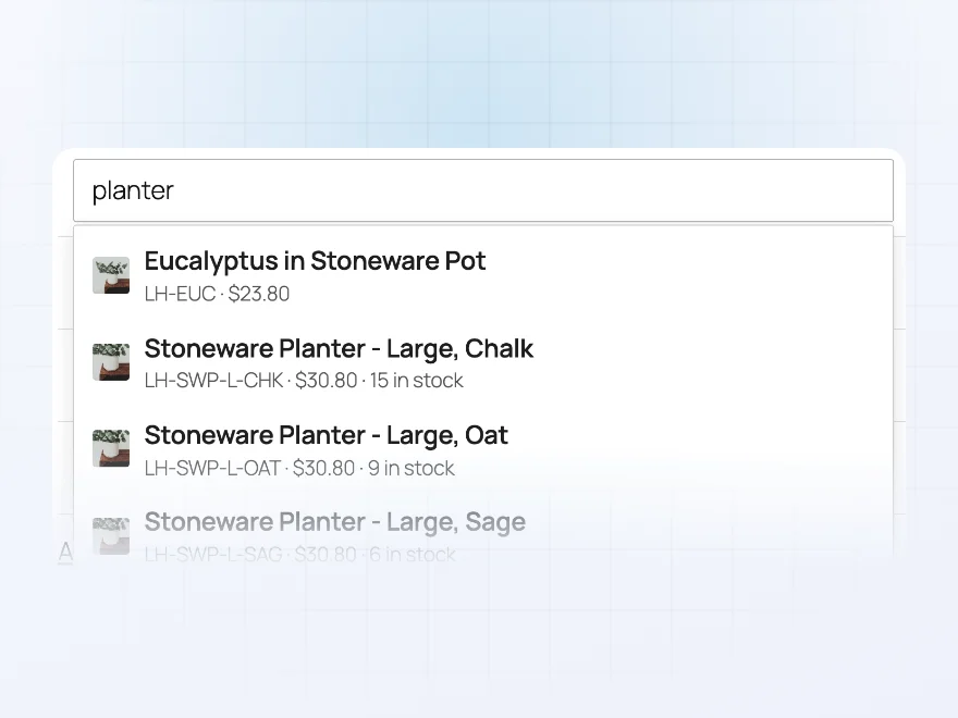 Product search suggesting stoneware planter variations with their SKUs, prices and stock