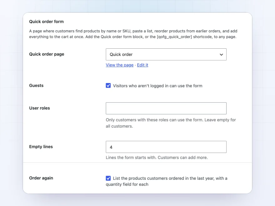 Quick order form settings for the page, guests, user roles and order again