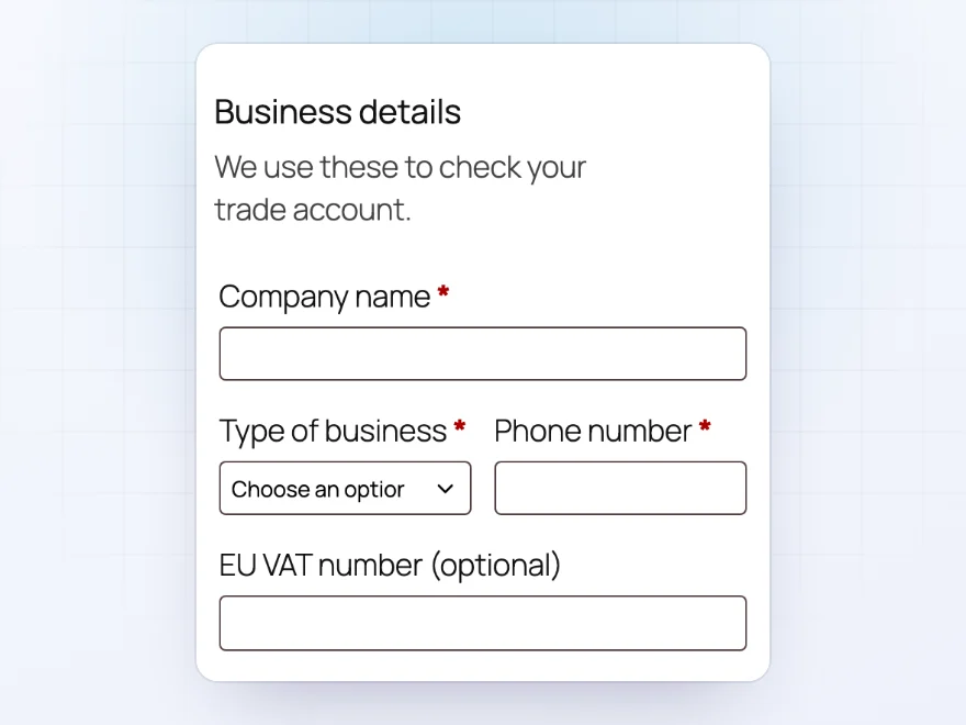 Business details fields: company name, type of business, phone number and EU VAT number