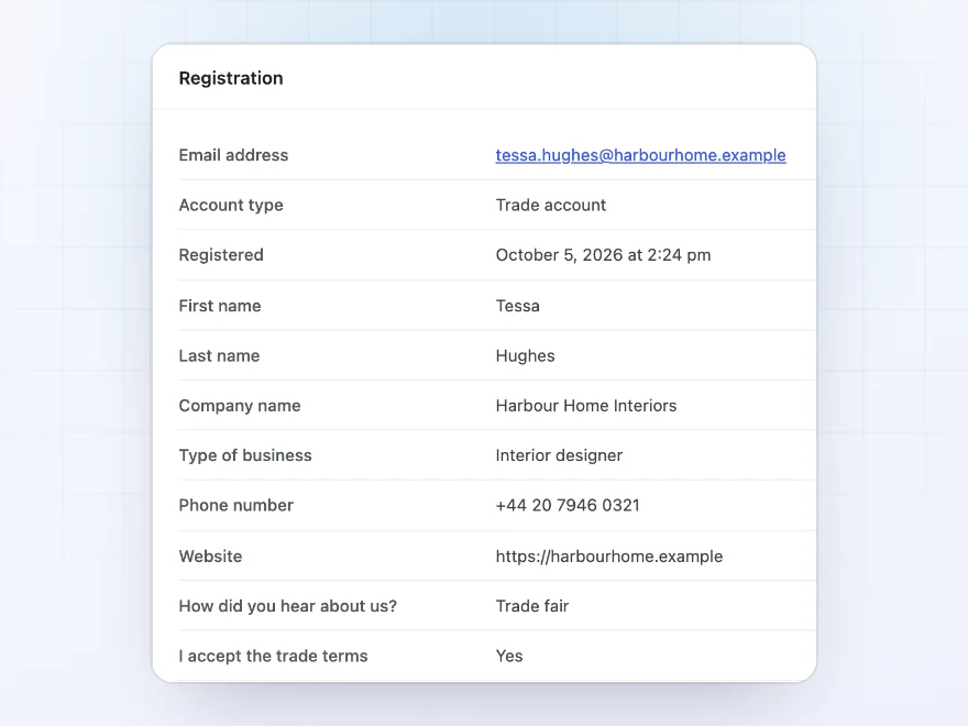 Registration details for review: email, account type, company, type of business and phone number