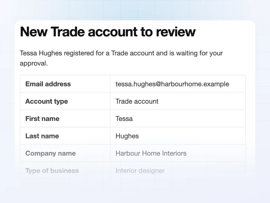 Email: New Trade account to review, with the customer’s answers
