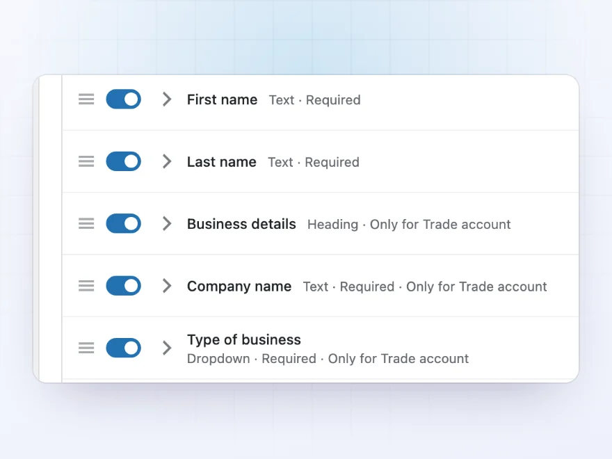 Registration form fields with each field’s type and who it is shown to
