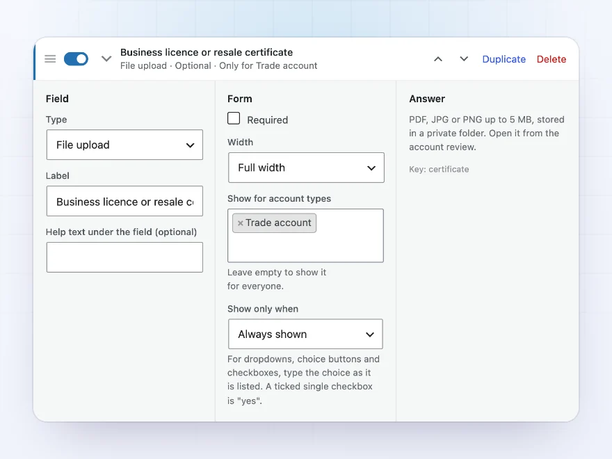 A registration field’s settings with type, label, width and condition