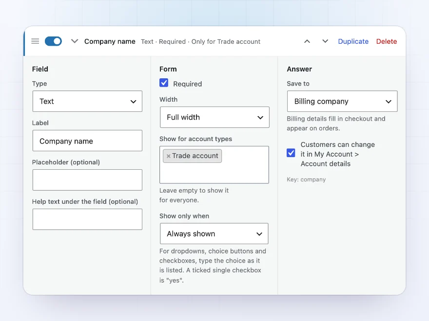 Company name field saved to the billing company, which customers can change in My Account