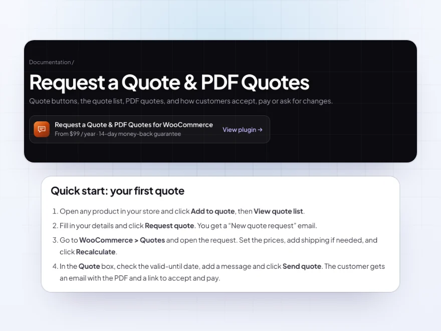 The Request a Quote & PDF Quotes documentation with its quick start