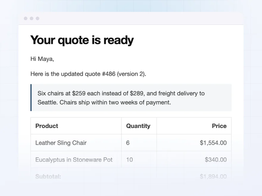Quote email: Your quote is ready, with the products, quantities and prices