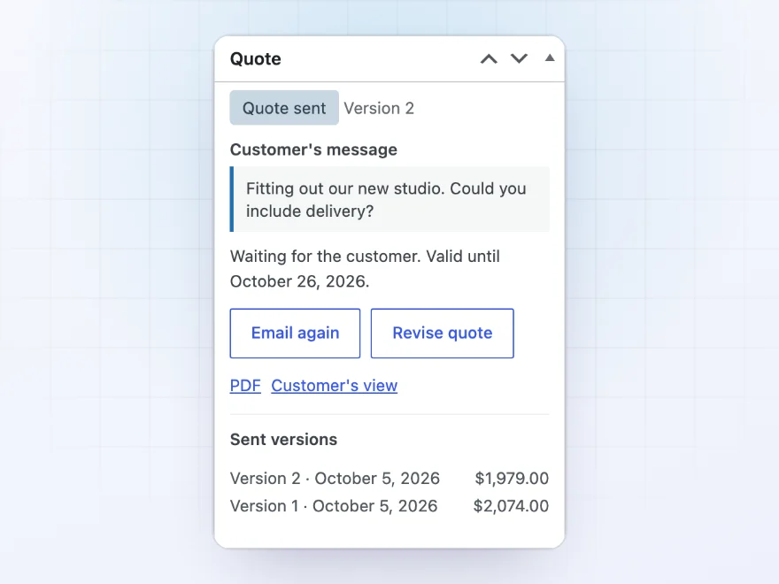 Quote box showing Quote sent, version 2, and the sent versions with their totals