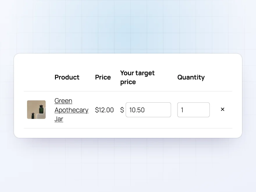 Quote list with a Your target price field next to the price
