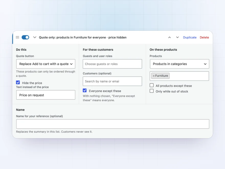 A quote rule for products and customers