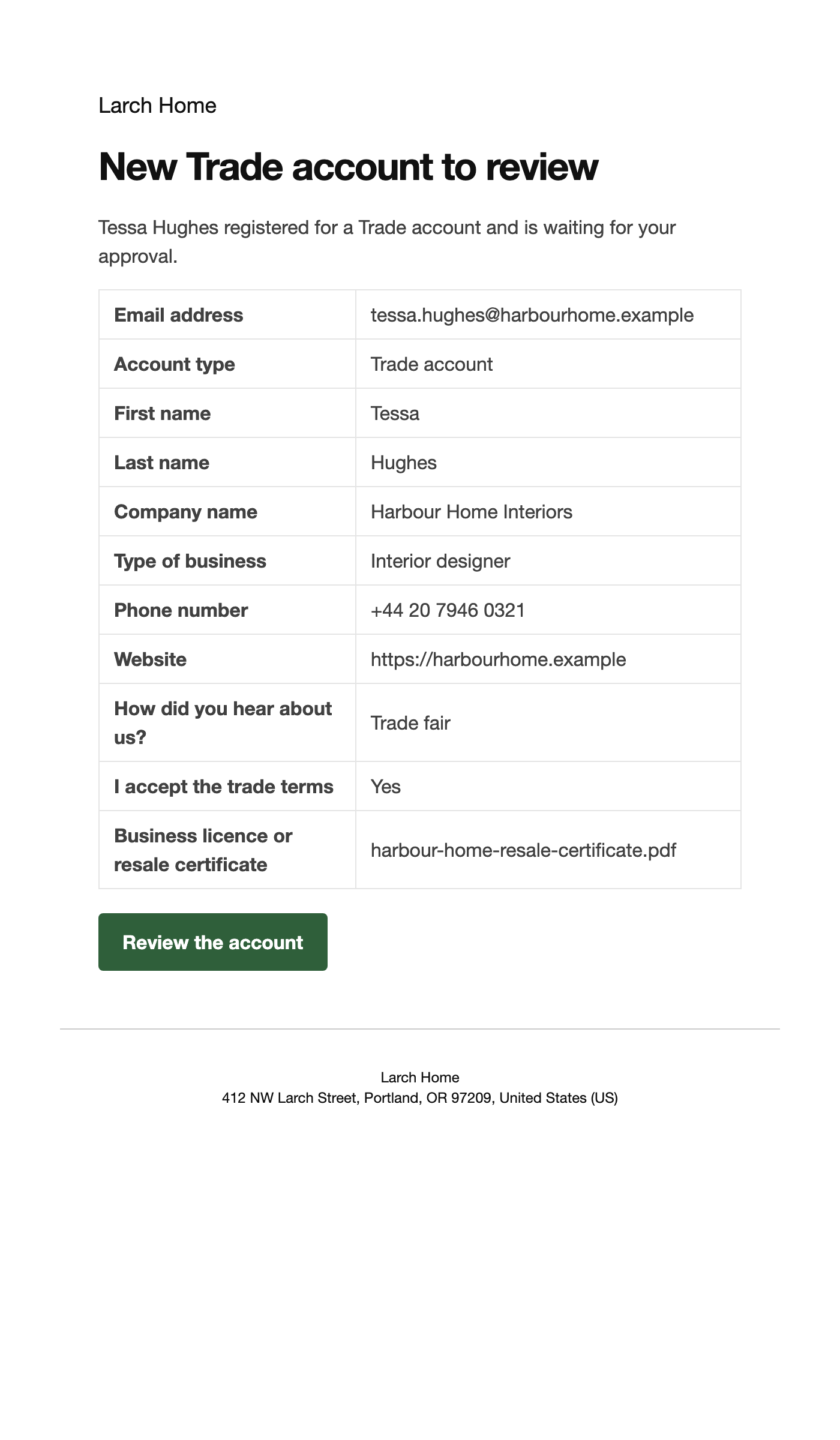 The New account to review email.