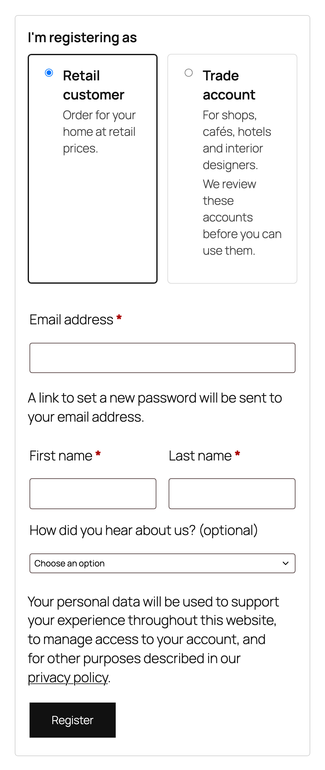 The account type choice on the registration form.