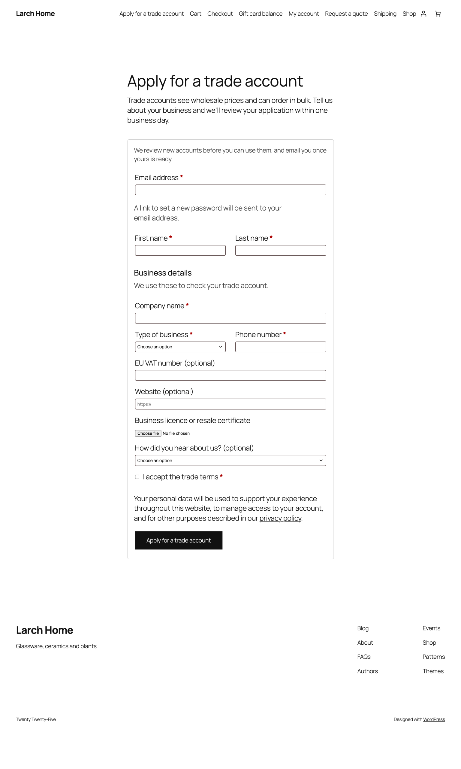An "Apply for a trade account" page with the Registration form block.