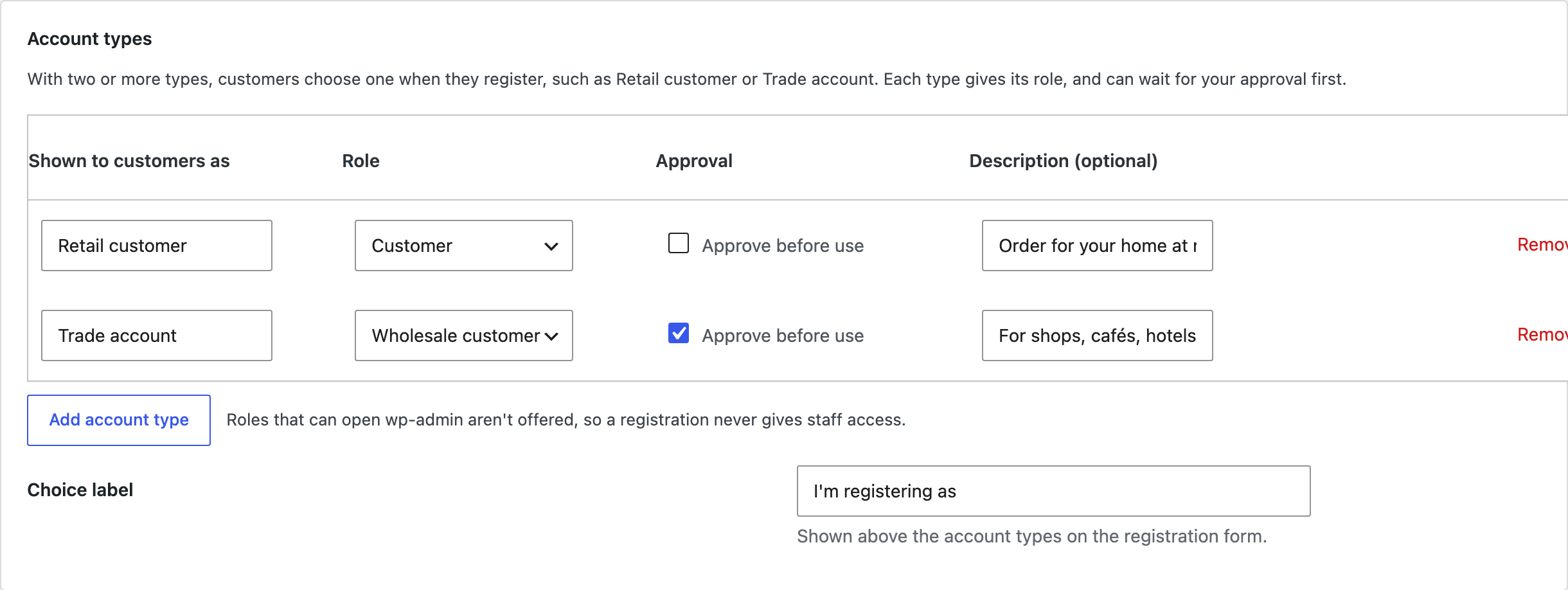 Account types with their roles.