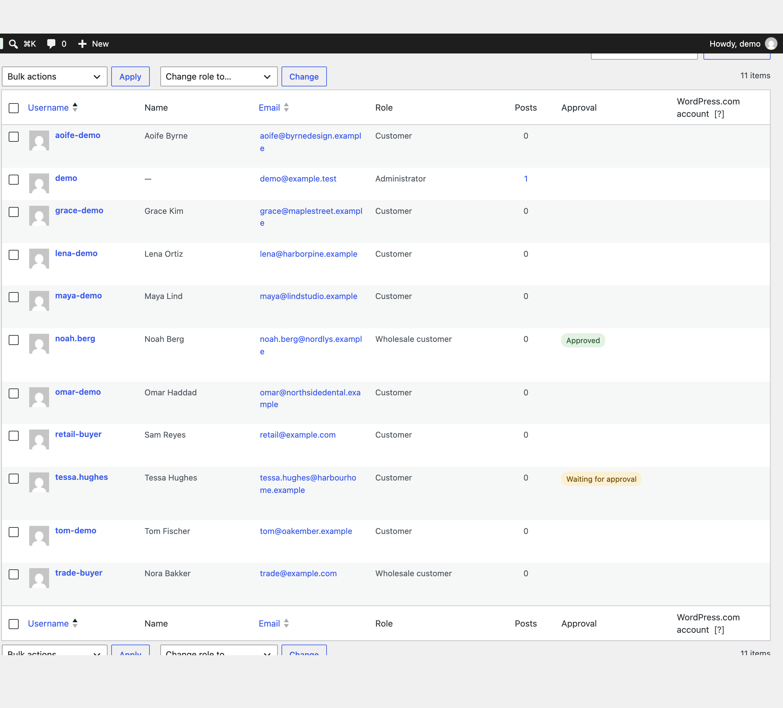 The approval status in the Users list.