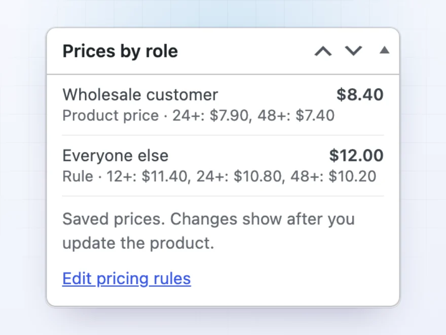 Prices by role box: wholesale customer $8.40 from the product price, everyone else $12.00 from a rule