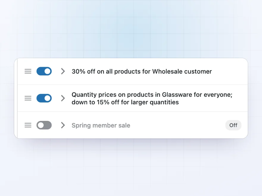 Pricing rules: 30% off for wholesale customers, and quantity prices on glassware