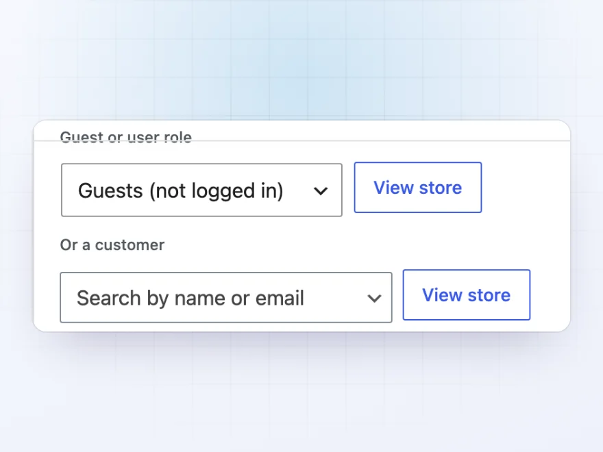 View prices as panel with a role choice and a customer search, each with a View store button