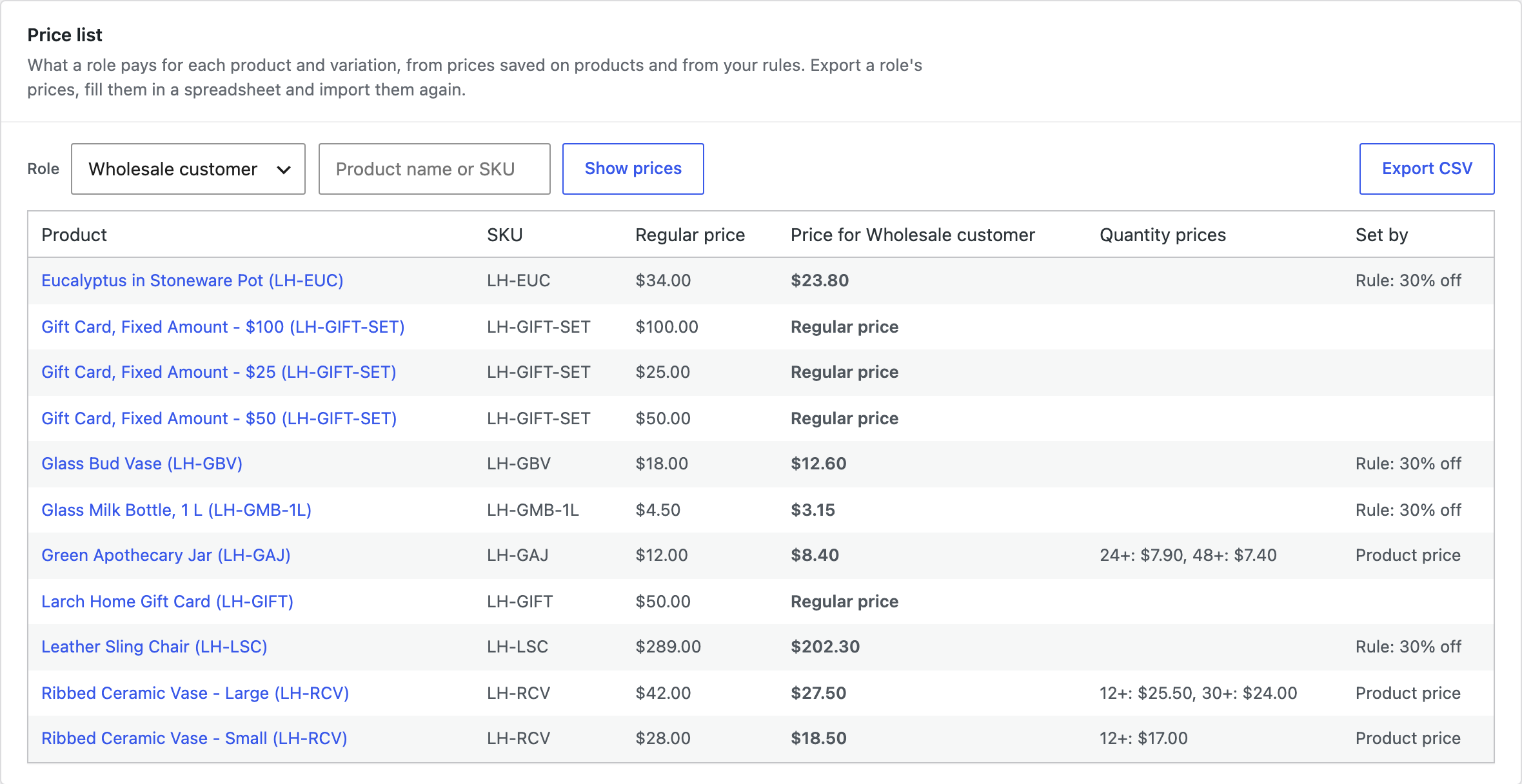 The price list for the Wholesale customer role.