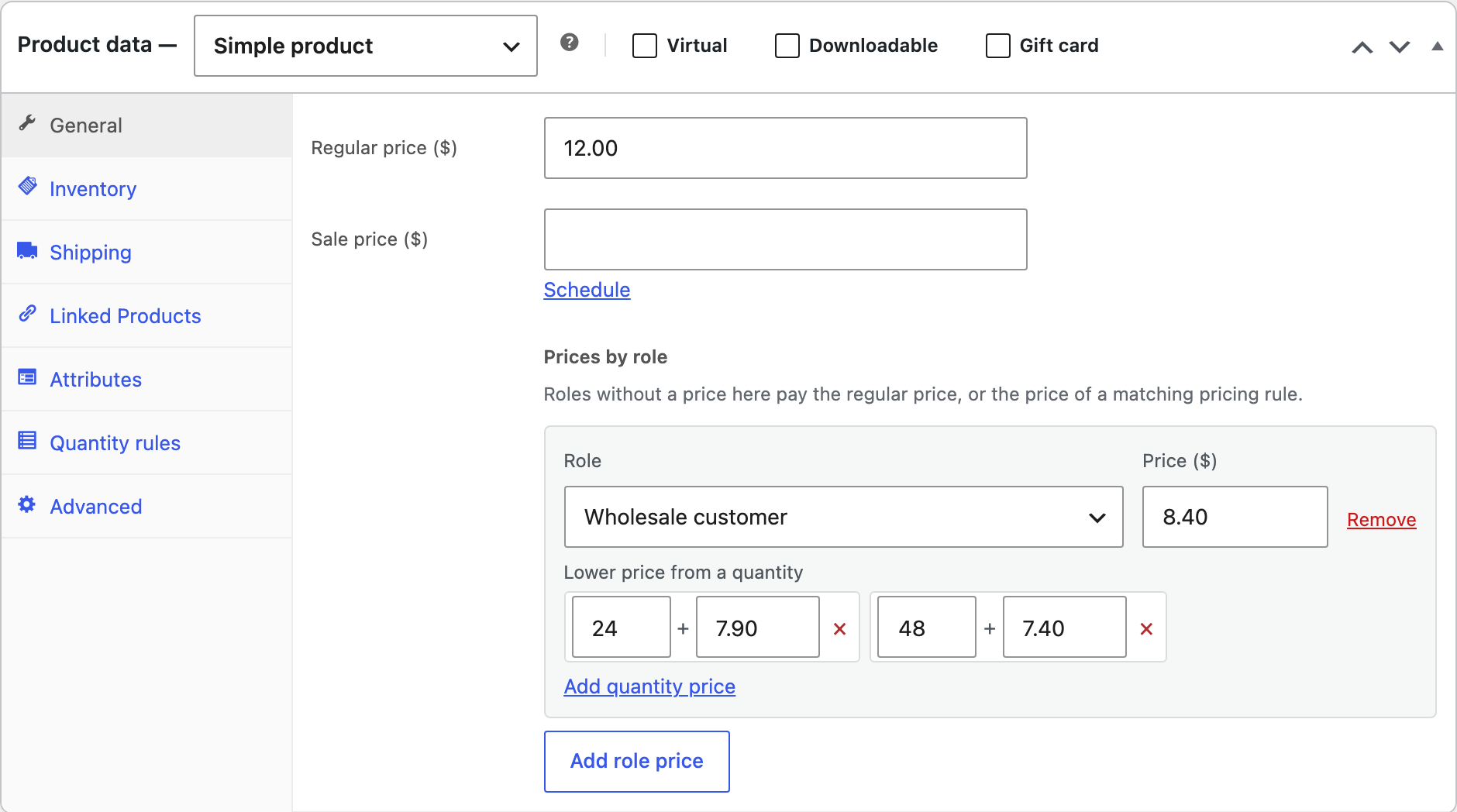 Prices by role in the product's General tab.