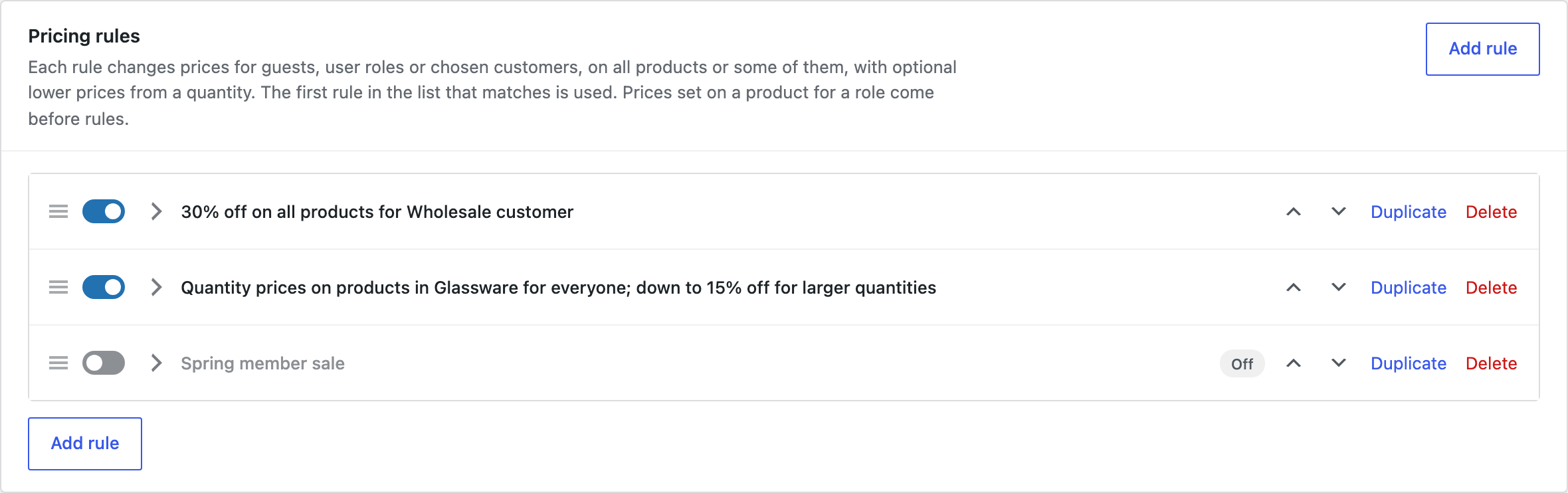 Pricing rules, each with a one-line summary.