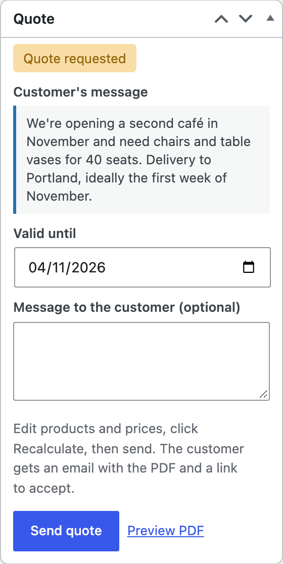 The Quote box before sending.