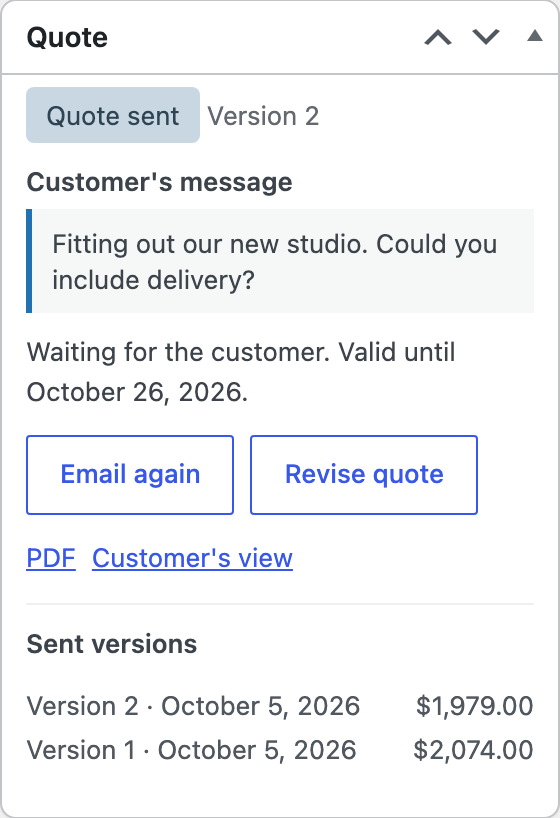 The Quote box with two sent versions.