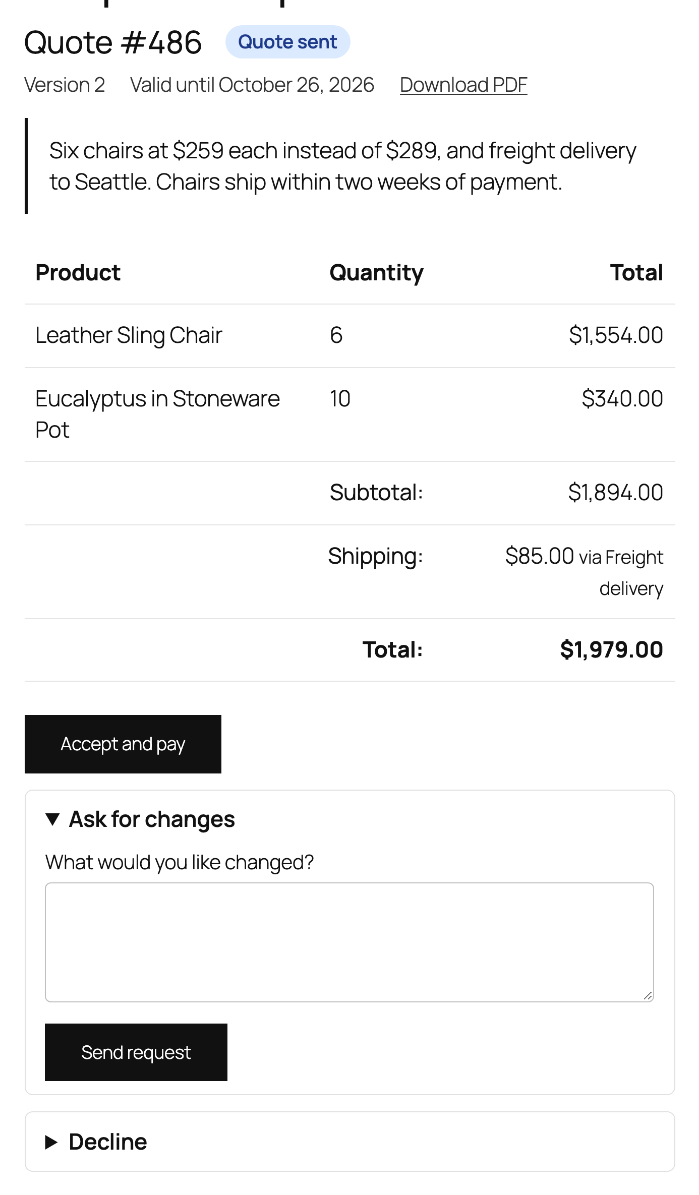 The customer's quote page.