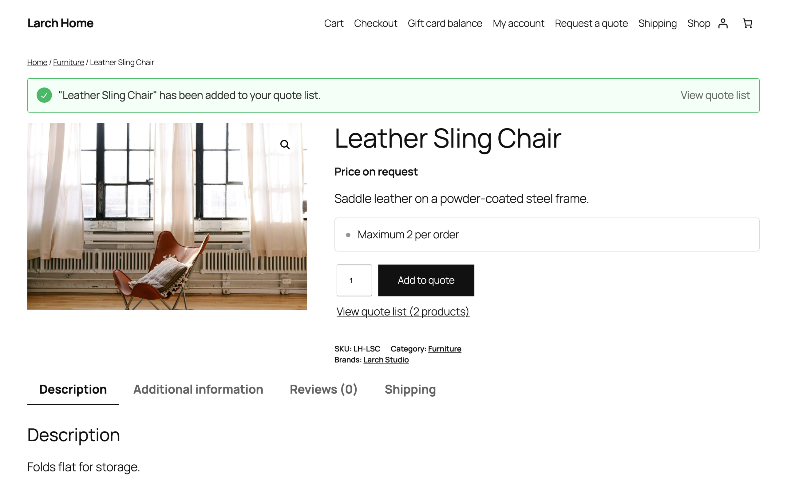 A quote-only product with its price hidden.