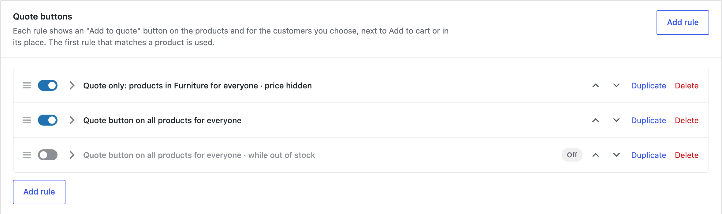 Quote button rules, each with a summary.