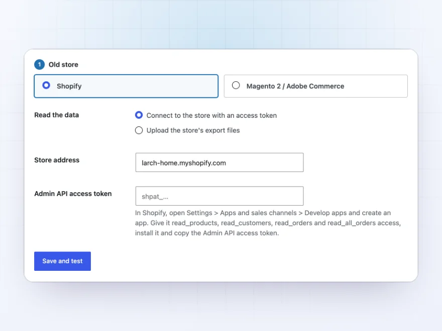 Shopify connection with the store address and access token