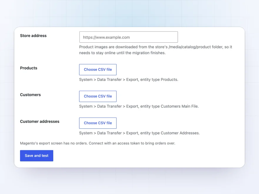 Uploaded export files for products, customers and orders