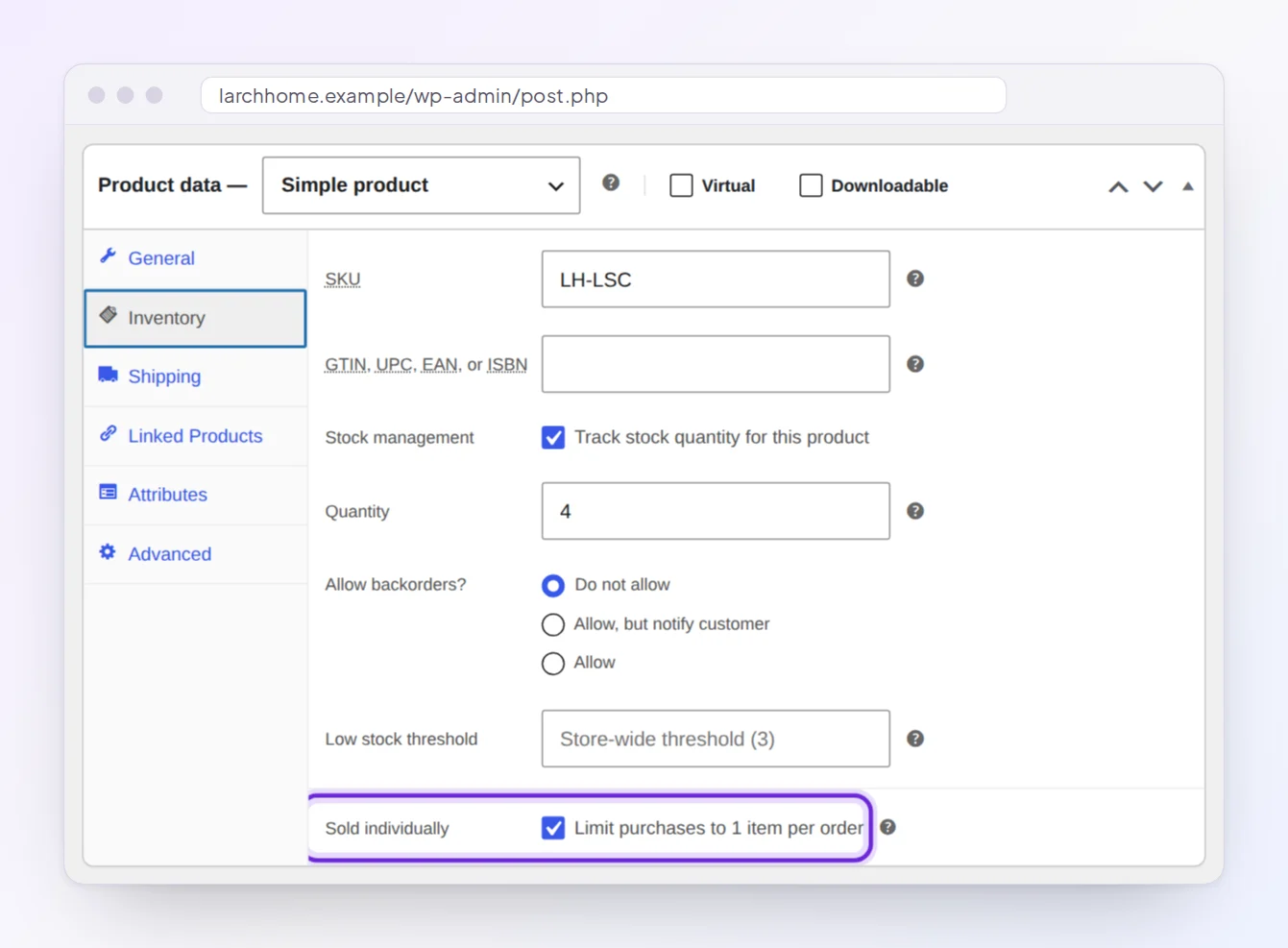 Sold individually checkbox ticked in the Inventory tab of a WooCommerce product