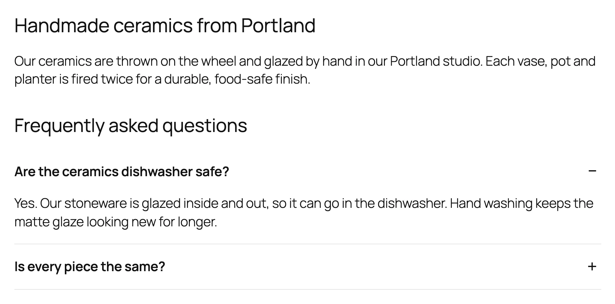 Text and FAQs under a category.