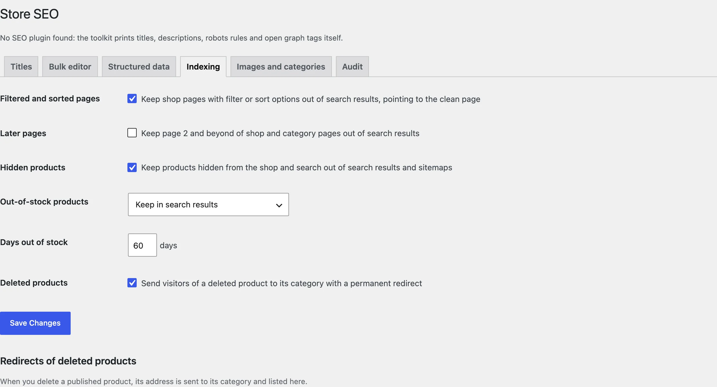 Indexing settings.