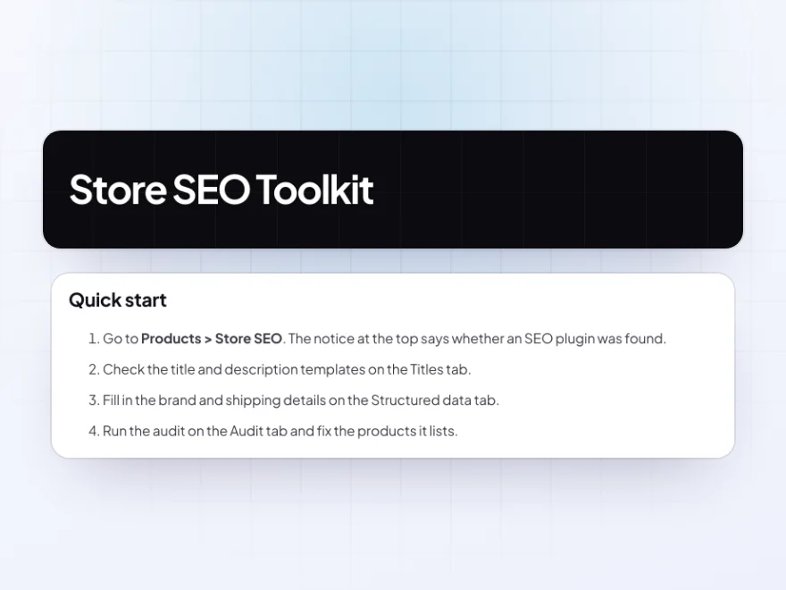 The Store SEO Toolkit documentation with its quick start
