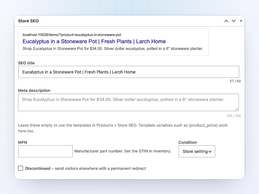 Search preview box on a product with its title and description