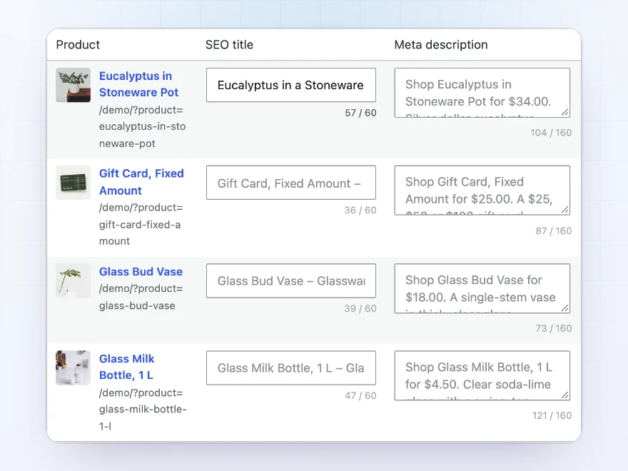 Bulk editor listing products with their SEO titles and descriptions