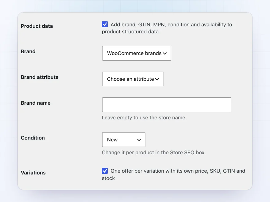 Product structured data settings for brand, MPN, condition and variations