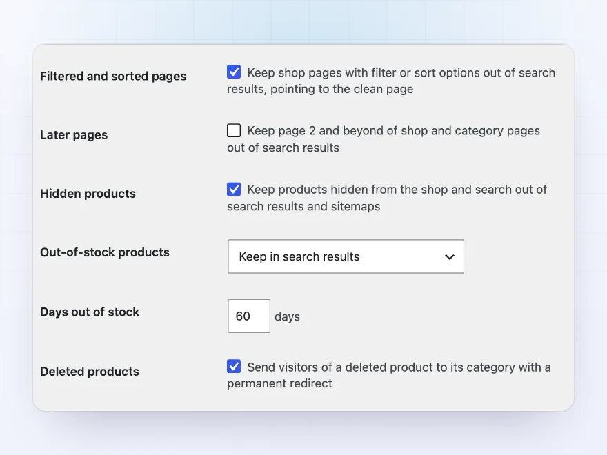 Indexing settings for filtered pages, hidden and out-of-stock products