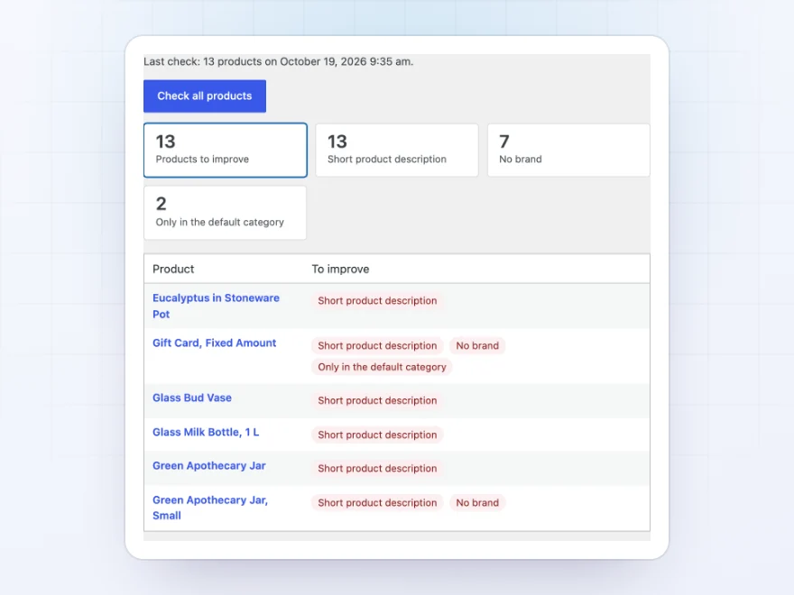 SEO audit with problem counts and products to improve