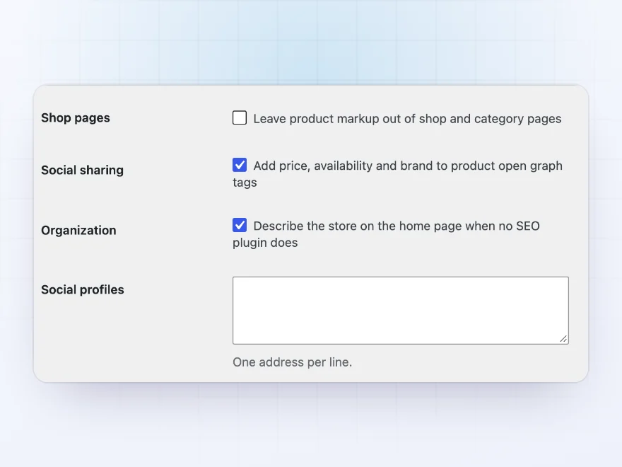 Settings for shop pages, social sharing, organization details and social profiles