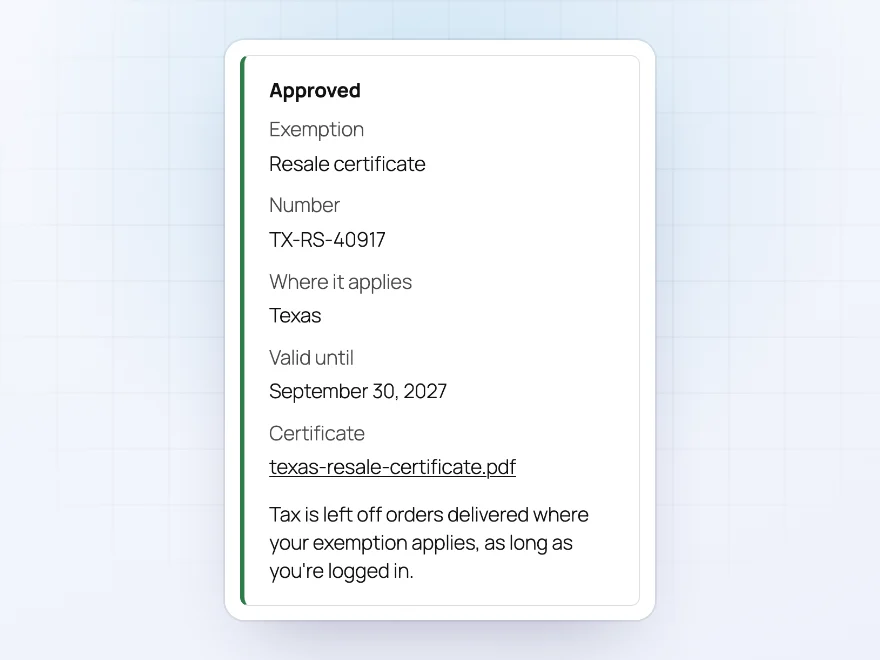 My Account tax exemption: an approved resale certificate for Texas, valid until September 30, 2027