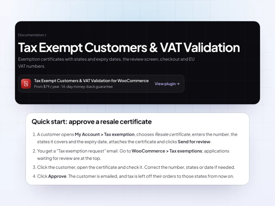 The Tax Exempt Customers & VAT Validation documentation with its quick start