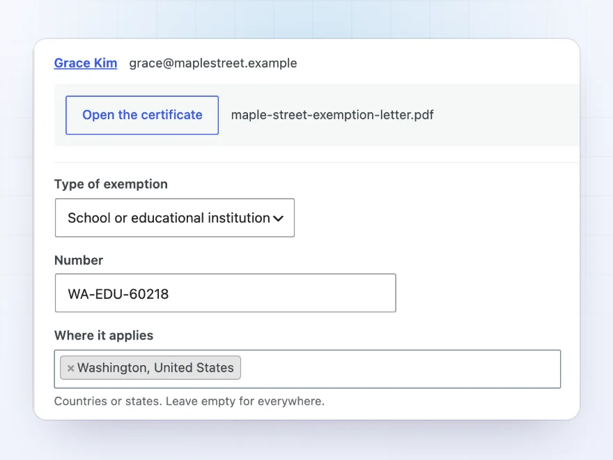 Certificate waiting for review with the exemption type, number and the state it applies to