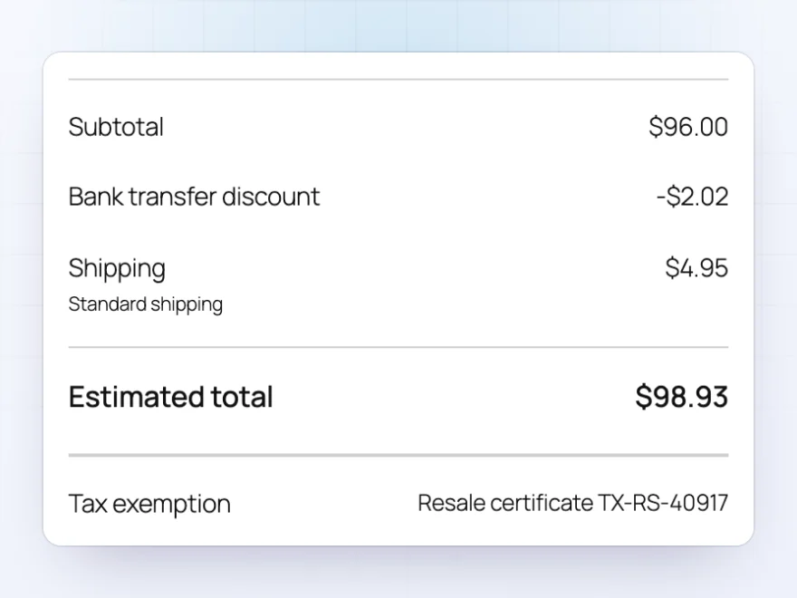 Cart totals showing Tax exemption: Resale certificate TX-RS-40917