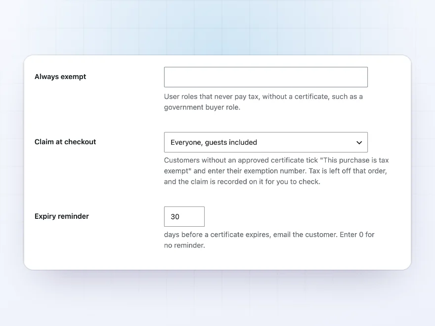 Tax-exempt customer settings, with claims at checkout