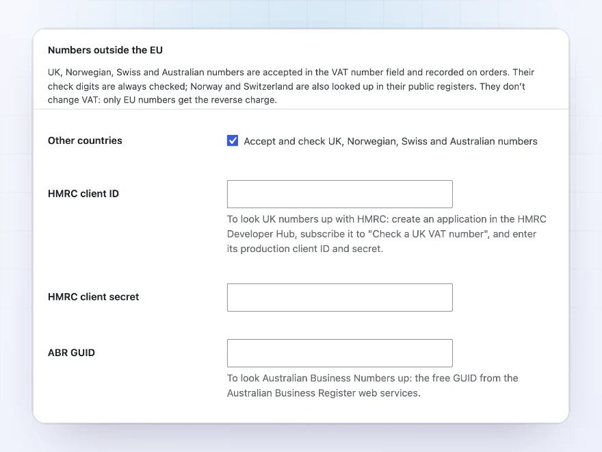 Settings for UK, Norwegian, Swiss and Australian VAT numbers