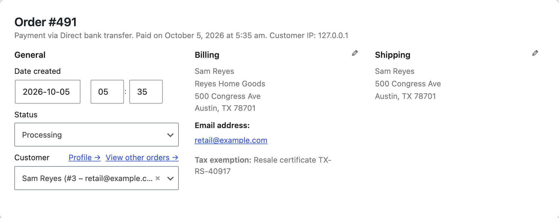 The exemption on the order screen.
