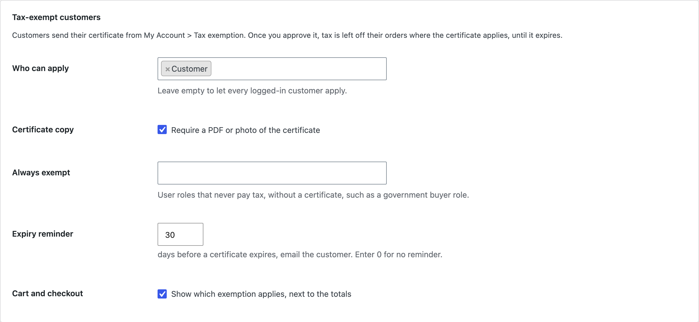 Tax > Exemptions settings.