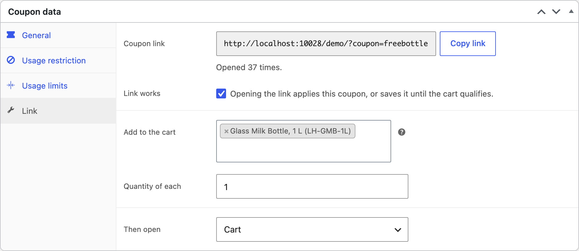 A link that adds a product and opens the cart.